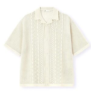 GU Relax Fit Camp Collar Knitted Mesh Button Shirt Men Medium White Short Sleeve